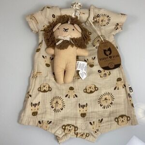 Rabbit + Bear Boys 0-3M Beige Romper NWT Organic Cotton Safari Lion Rattle